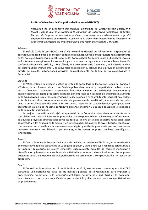 Resoluci�n Subvenci�n Nominativa CEEI Elche IVACE 2024