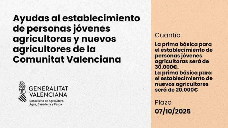 Ayudas al establecimiento de personas j�venes agricultoras y nuevos agricultores de la Comunitat Valenciana