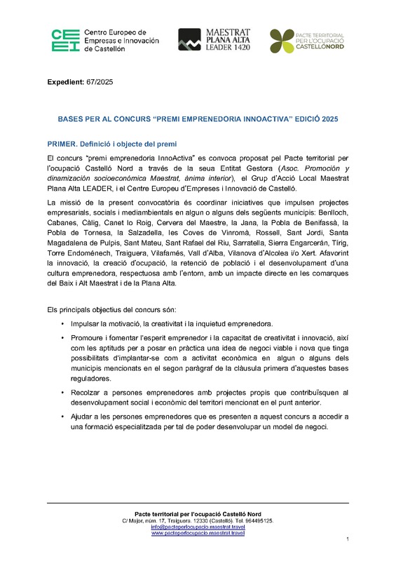 Bases concurs premi emprenedoria InnoActiva edici� 2025 (CEEI Castell�, GAL Maestrat Plana Alta i Pacte Castell� Nord)
