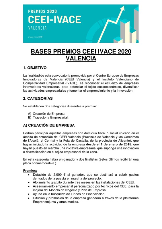 Bases Premios CEEI-IVACE 2020 Valencia